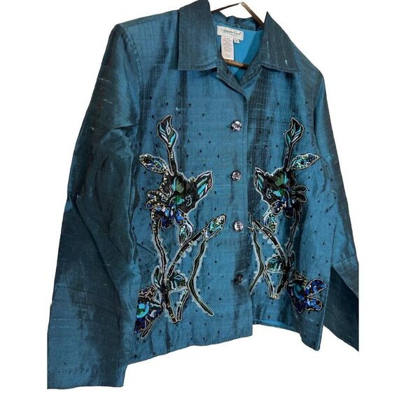 Coldwater Creek Silk Blend‎ Jacket Womens Embellished Embroidered Blues Greens M - Picture 1 of 6